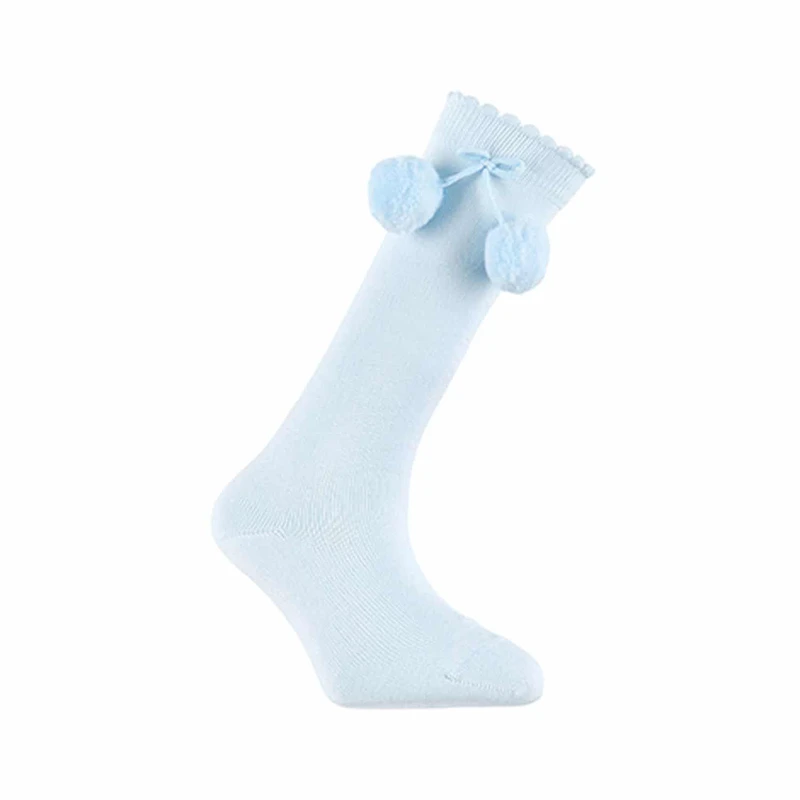 גרב ברך בשילוב פונפונים צבע תכלת