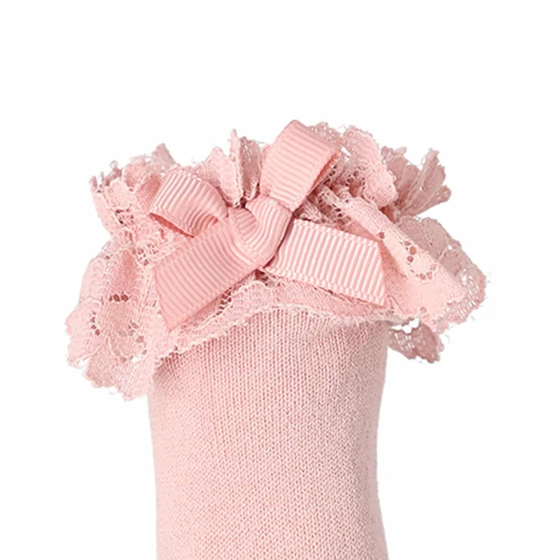 גרב ברך סיומת תחרה צבע ורוד עתיק