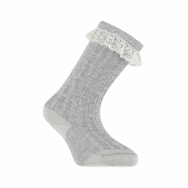 גרב ברך סיומת תחרה צבע כסף נצנצים