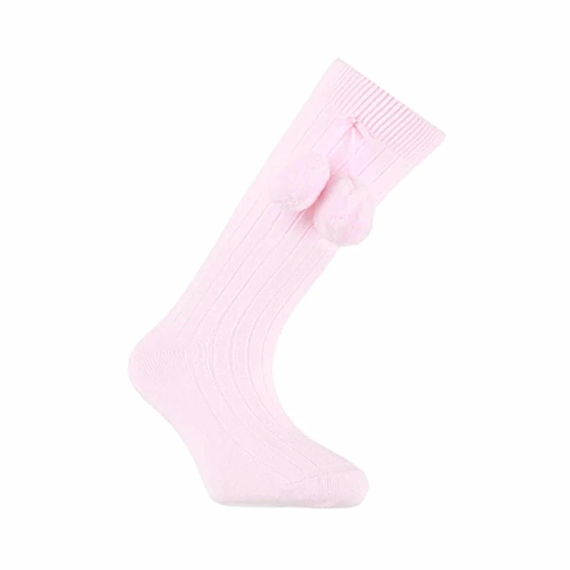 גרב ברך עם דוגמא בשילוב פונפונים צבע ורוד בייבי