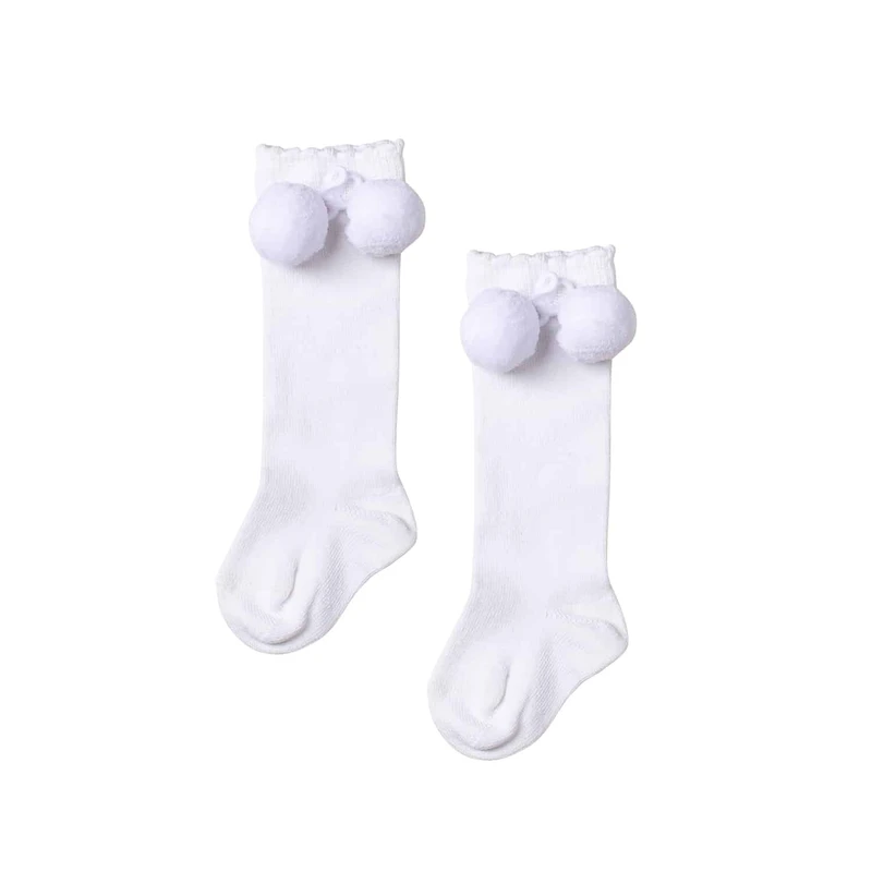 גרב ברך בשילוב פונפונים צבע לבן