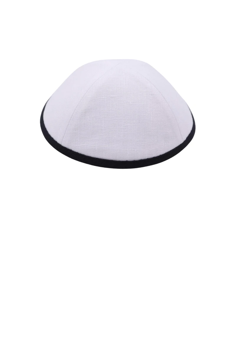 כיפה מבד פשתן צבע לבן סרט שחור